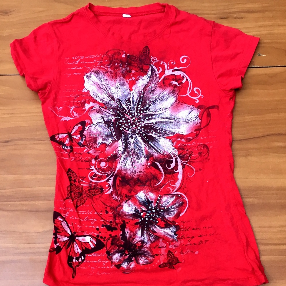 🌺SUNY Red Textured Hibiscus Girl Tee - L